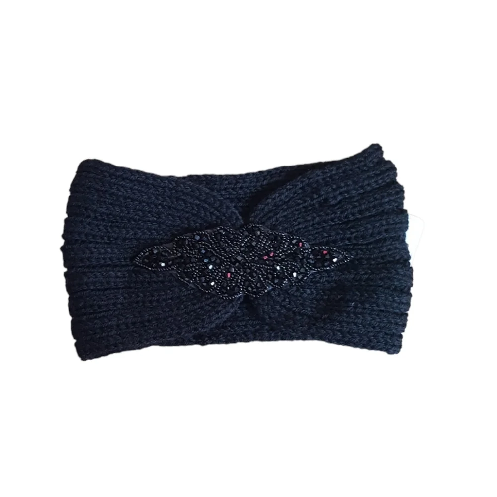 3 Pieces Set Headband Womens Winter Ear Warm Crystal Beads Turban Headwrap New